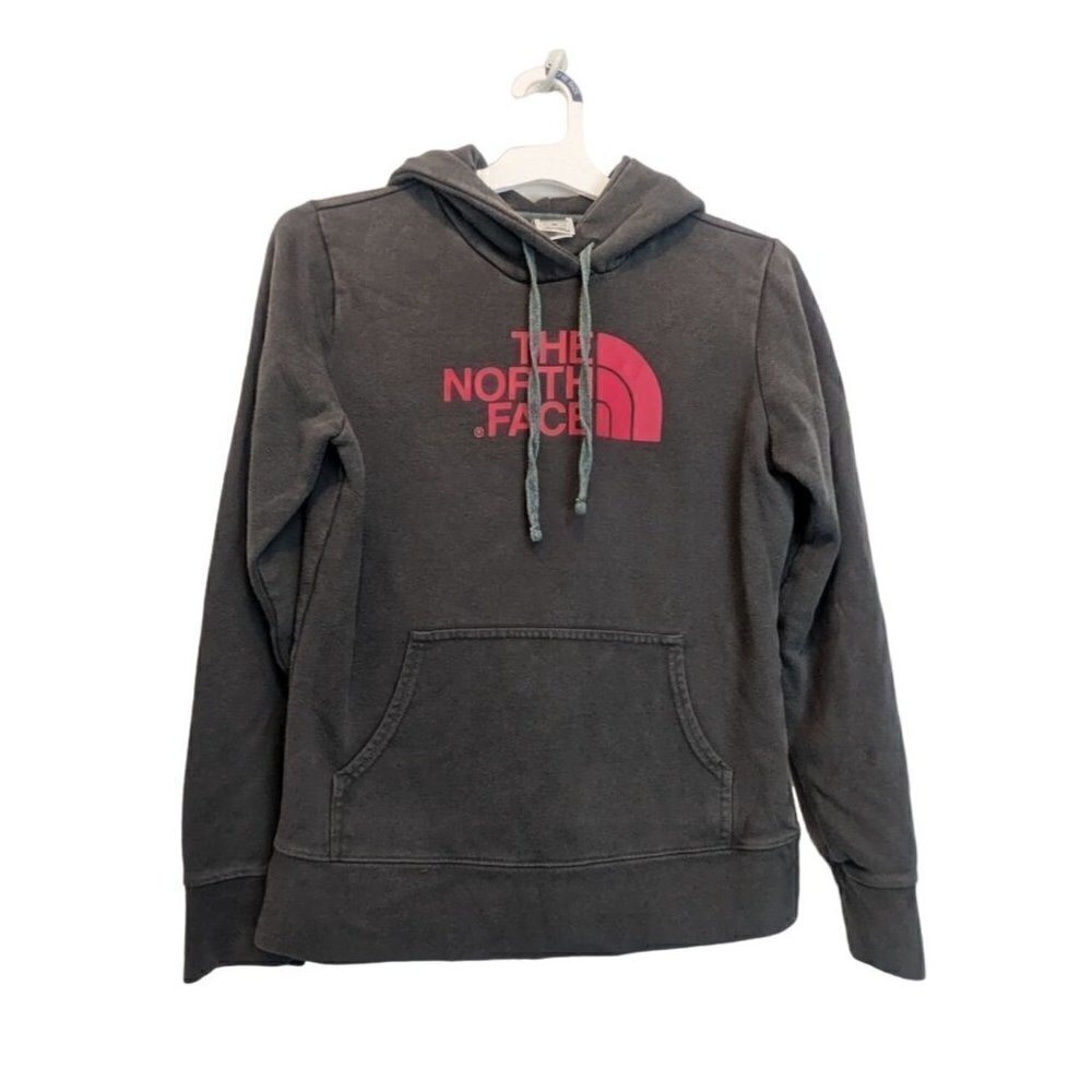 The North Face Women's Hoodie Dark Gray Red Logo Small